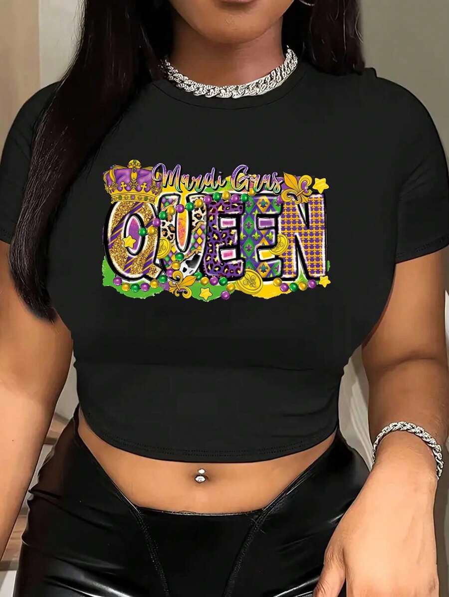 Letter Printed Short T-Shirt, Y2K Spring And Summer Short-Sleeved Crop Top, Women's Top