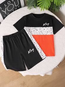 2pcs/Set Toddler Boys' Casual Street Style Colorblock Letter Printed Short Sleeve T-Shirt And Shorts Outfit, Spring/Summer - Orange - View 1