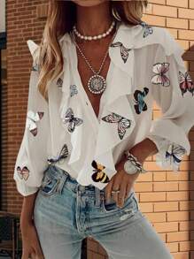 Women Long Sleeve Chiffon Shirts Button-Down Ruffle T Shirt Lady Elegant Solid Color/Letter/Butterfly/Plant Print V-Neck Long Sleeve Dressy Blouse Summer Vacation Casual Loose Top Boho Clothes Outfit - 藍白色 - 查看 1