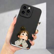 Cute Girl Thinking Minimalist Print Phone Case, Classic Matte Black Full Coverage Phone Protective Case Compatible With Apple And Series Waterproof Shockproof Anti-Fall Scratch Resistant - Multicolor - View 4