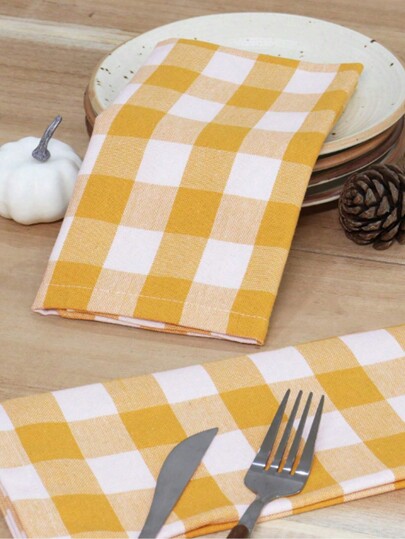2/6/12pcs Modern Minimalist Fresh Yellow & White Plaid Polyester Napkins, Suitable For Parties, Banquets, Restaurants, Cafes, Dining Table Decor