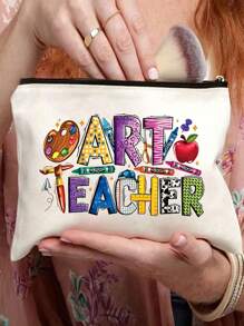 Art Teacher Themed Cosmetic Case - Fashionable Hand-Held Makeup Pouch, Non- Fabric Clutch With TSA Approved Design, Ideal Gift For Friends - Beige, Hand Washable Makeup Bag Travel School Supplies Travel Essentials Make Up Bag Holiday Essentials Cosmetic Bag Makeup Bags Makeup Organizer Holiday Winter Leopard Print Sausage Dog Women Gifts For Women