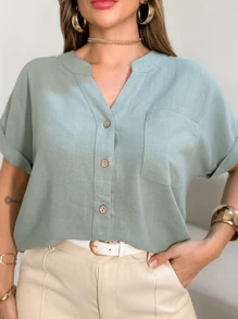 Camisa manga curta linho com algodão detalhe de um bolso - Verde Menta - Visão 1