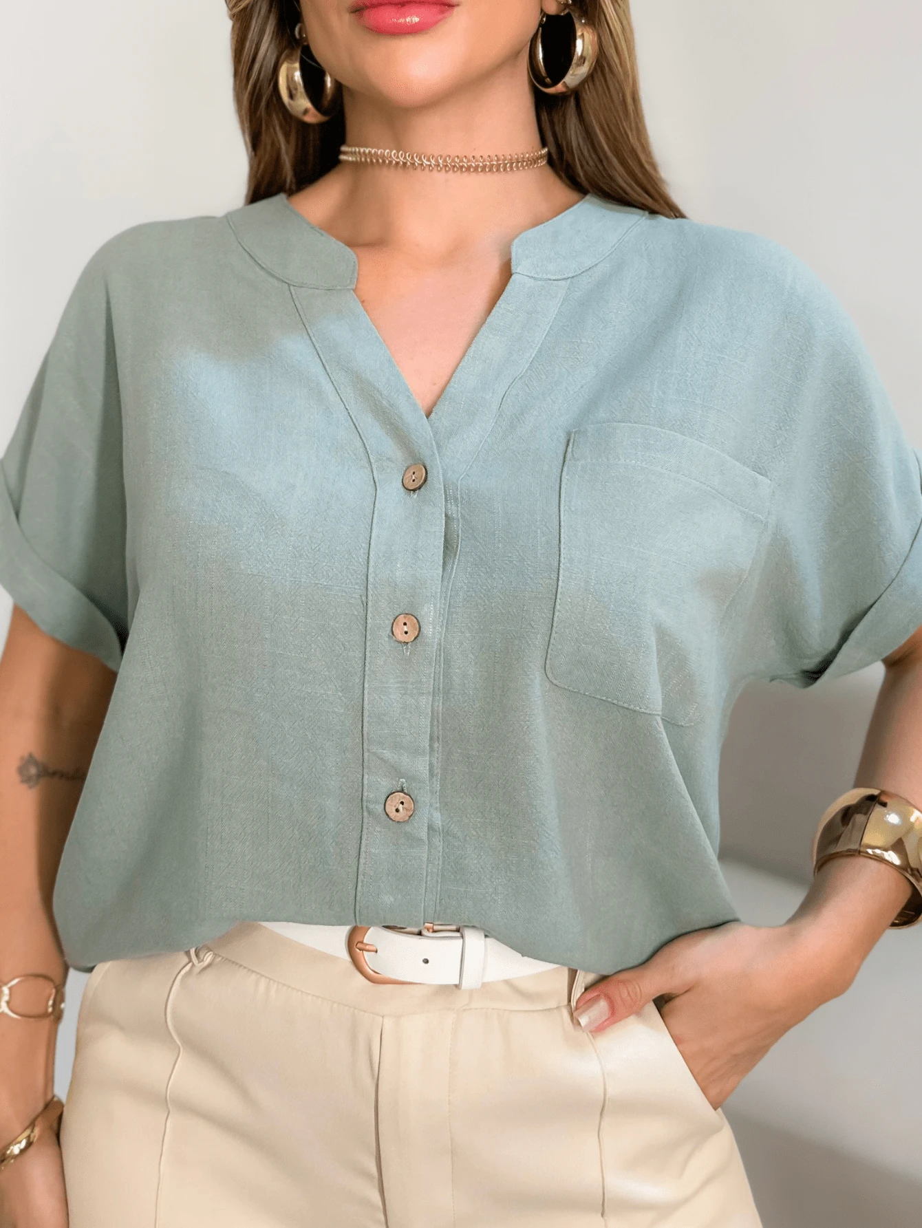 Camisa manga curta linho com algodão detalhe de um bolso - Verde Menta - Visão 1