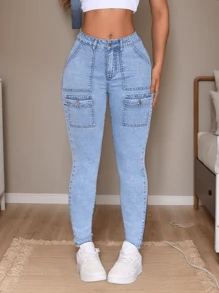 Jeans sexys con lavado claro y bolsillo con solapa para mujer, Pantalones vaqueros ajustados elásticos - Azul - Ver 1