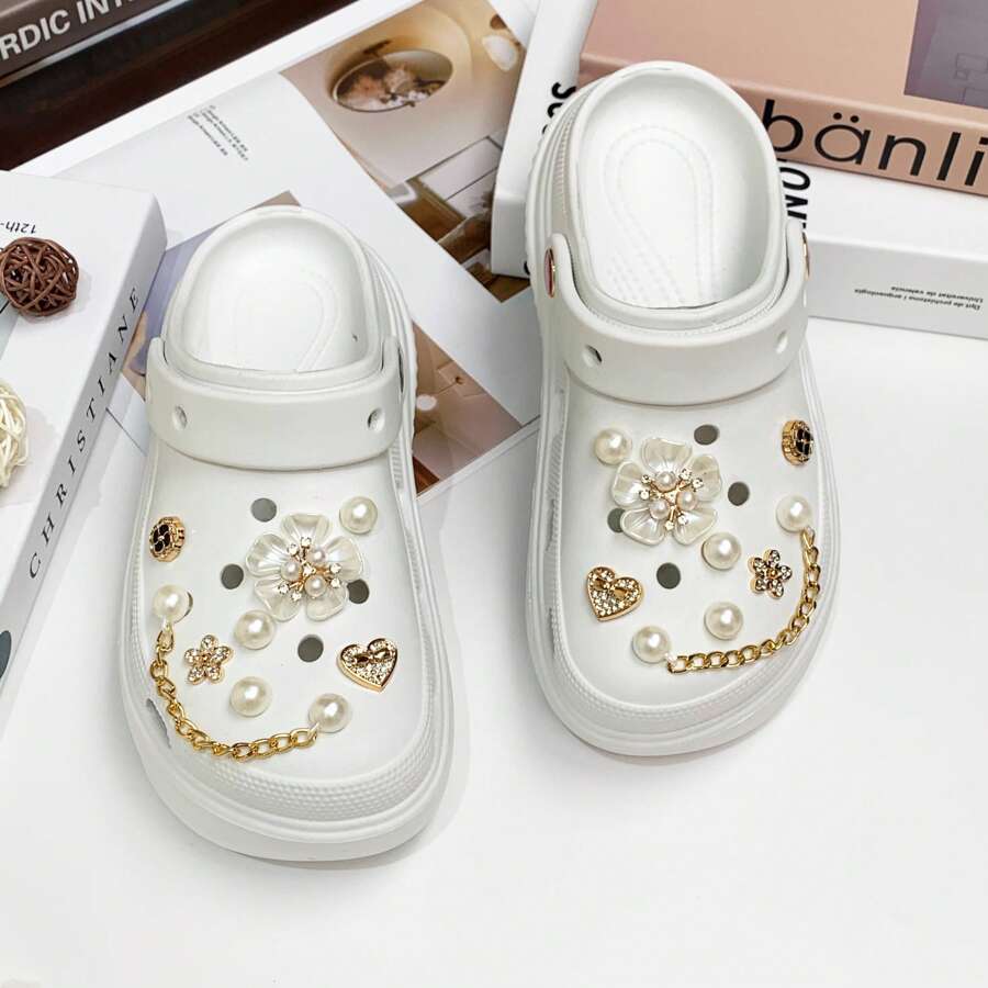 16pcs Pearl And Golden Flower Shoe Charms, Removable ABS Decoration Clips For Clogs, DIY Shoe Accessory Buckles With Chain Link For Hole Shoes