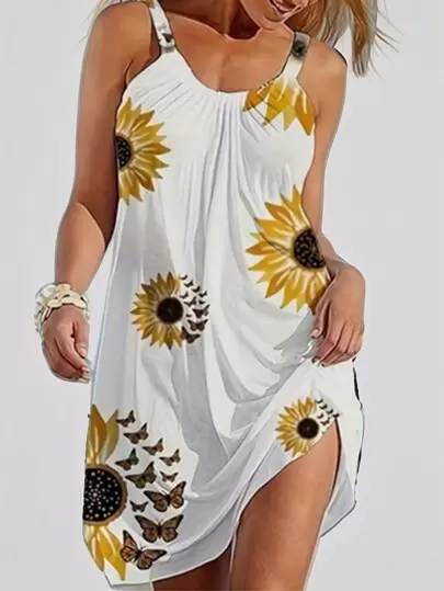 Rochie ocazională cu bretele largi cu imprimeu floarea-soarelui pentru femei, îmbrăcăminte de vacanță