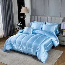 Satin Bed In A Bag 8 Pieces King/Queen Size Silk Like Baby Blue Comforter Set Luxury Silky Bedding Set Soft Lightweight Comforter Set Cooling Sheet Set - Màu xanh nhạt - Xem 2