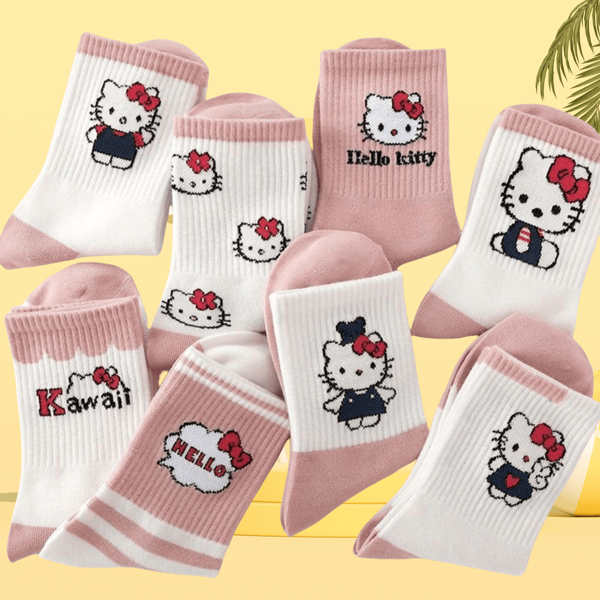 Rosa Hello Kitty-Socken von Sanrio für Mädchen, vielseitige, süße Cartoon-Socken mit bis zur Mitte der Wade, für Herbst und Winter, Sport- und Studentensocken für Mädchen.