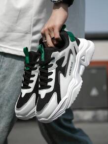 Men's Fashion Versatile Letter Colorblock Lace-Up Casual Sports Shoes, Outdoor Comfortable Couple Mesh Running Sneakers Chunky Sneakers - Black - View 5