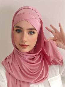 1 件系带水晶亚麻头巾女士速效头巾，纯色经典基本款柔软光滑透气丝绸般亚麻面料围巾，方便的十字设计速效头巾，适合日常工作和生活 Abaya 配饰女士面纱