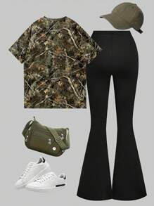 Girls' Summer Niche Design Camouflage Crop Top With Shorts Outfit - Multicolor - View 2