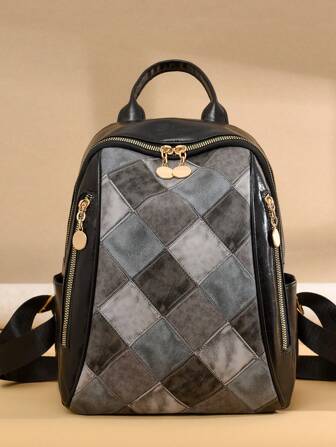 女士休闲 PU 撞色双拉链大容量学生背包，简约百搭背包妈妈包