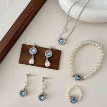 7-częściowy zestaw biżuterii z pereł w kolorze morskim, elegancki styl retro, niebieskie kolczyki z pereł, niebieski naszyjnik z pereł, niebieska bransoletka z pereł - odpowiedni do codziennego noszenia przez kobiety
