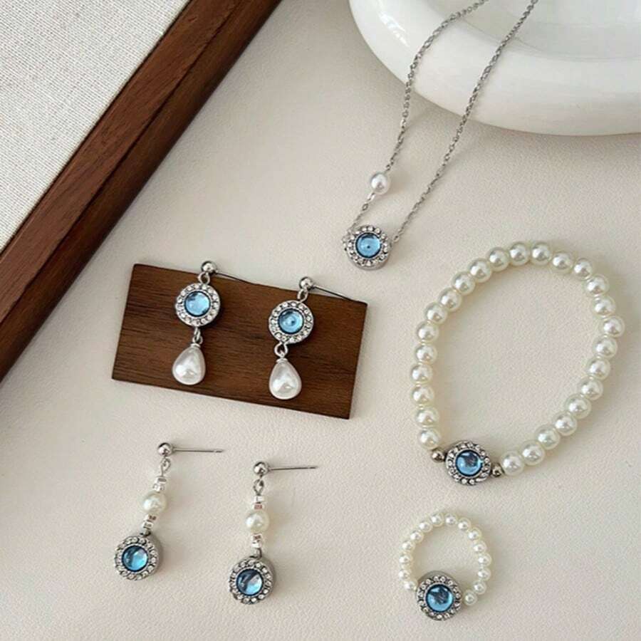 7-częściowy zestaw biżuterii z pereł w kolorze morskim, elegancki styl retro, niebieskie kolczyki z pereł, niebieski naszyjnik z pereł, niebieska bransoletka z pereł - odpowiedni do codziennego noszenia przez kobiety