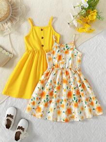 2pcs/Set Girls Digital Floral Print Cute Casual Sleeveless Open Shoulder Summer Dress, Vacation Style