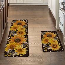 1pc Black Kitchen Rug - Spring Sunflower Pattern, Polyester Non-Slip Soft Lightweight Carpet, Suitable For Entryway, Laundry Room, Bedroom, Rectangular Machine Washable Mat, Ideal Home Decor For All Seasons - Multicolor - View 5