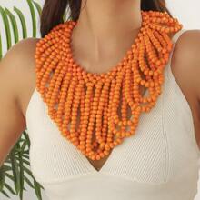 Handwoven Wood Bead V-Shaped Necklace, Exaggerated African Bridal Accessory, Party Decoration, Factory Outlet, Natural Wood Beads, Slight Defects, Occasional Color Difference, Not Seconds, Caution For Those Seeking Perfection