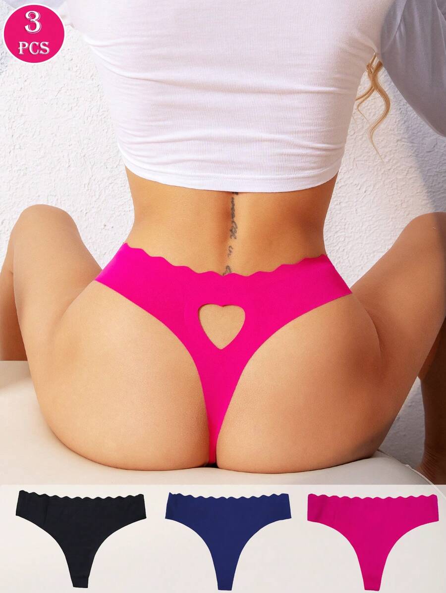 3 Pcs Seamless Panties Hollow Out Heart Shape No-Show Underwear Women Thongs - Multicolor - View 1