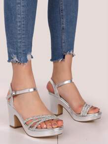 女式 PU 防水台凉鞋，3 排水钻，方便行走，鞋面 9 厘米，鞋跟高 2.5 厘米，防水台高，时尚凉鞋，夏季女士凉鞋 - 銀色 - 查看 1