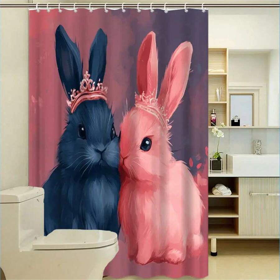 1pc Cute Fluffy Rabbits Shower Curtain With Tiara Design - Pink And Blue, Whimsical And Playful Artwork, 12 Hooks Included, Polyester, Machine Washable, Perfect For Bathroom Decor, Whimsical Bathroom - Multicolor - View 1