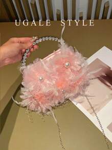 Bolsa transversal Pleated Cloud para mulheres, Clutches de Festa, Bolsas de Seda Pregueada com Flores, Bolsas de Noiva e Casamento, Bolsa de Festa e Formatura, Bolsa Brilhante com Glitter e Strass - Rosa chiclete - Visão 7