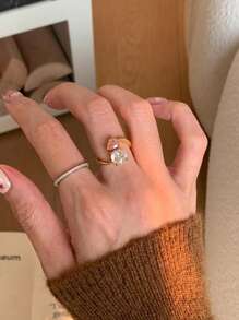 1pc Fashion Pink Cubic Zirconia Gold Open Ring, Suitable For Women's Daily Wear