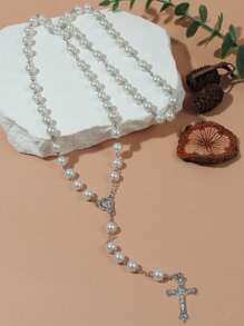 1pc Black & Pink Round Bead & Faux Pearl & Cross Pendant Necklace, Simple Style Sweater Chain - glass bead necklace - View 19