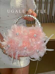 Bolsa transversal Pleated Cloud para mulheres, Clutches de Festa, Bolsas de Seda Pregueada com Flores, Bolsas de Noiva e Casamento, Bolsa de Festa e Formatura, Bolsa Brilhante com Glitter e Strass - Rosa chiclete - Visão 6