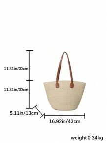 1 件大容量草编手提包，女士编织包，适合春季户外旅行，夏季时尚百搭单肩包，沙滩度假包，条纹编织手提包 - 米色 - 查看 5