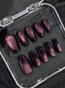10pcs Purple Holographic Cat Eye False Nails, High-End & Versatile, Natural Looking, Handmade & Reusable Nail Tips