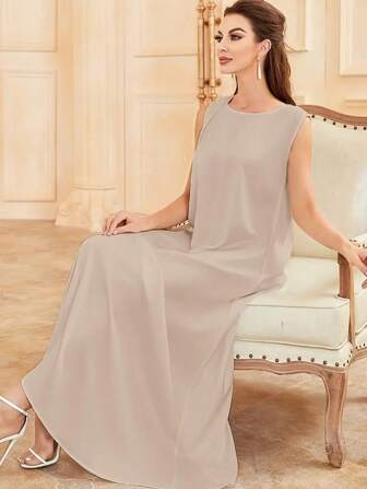 Solid Color Pearl Sheen Round Neck Sleeveless Casual Shift Dress