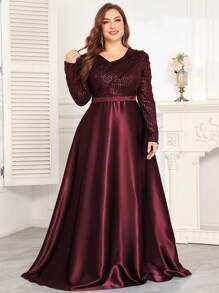 hezixi This Stretchy Sequin V-Neck Dress Features A Fitted Silhouette And Mermaid Hem Design, Available In A Full Size Range. The Simple Yet Elegant Style Exudes A Luxurious Aesthetic. Suitable For Various Occasions Such As Parties, Graduations, Weddings, Events, Galas, And Balls. Can Be Worn As A Formal Evening Gown, Party Dress, Wedding Guest Dress, Or Ball Gown. - Burgundy - View 2