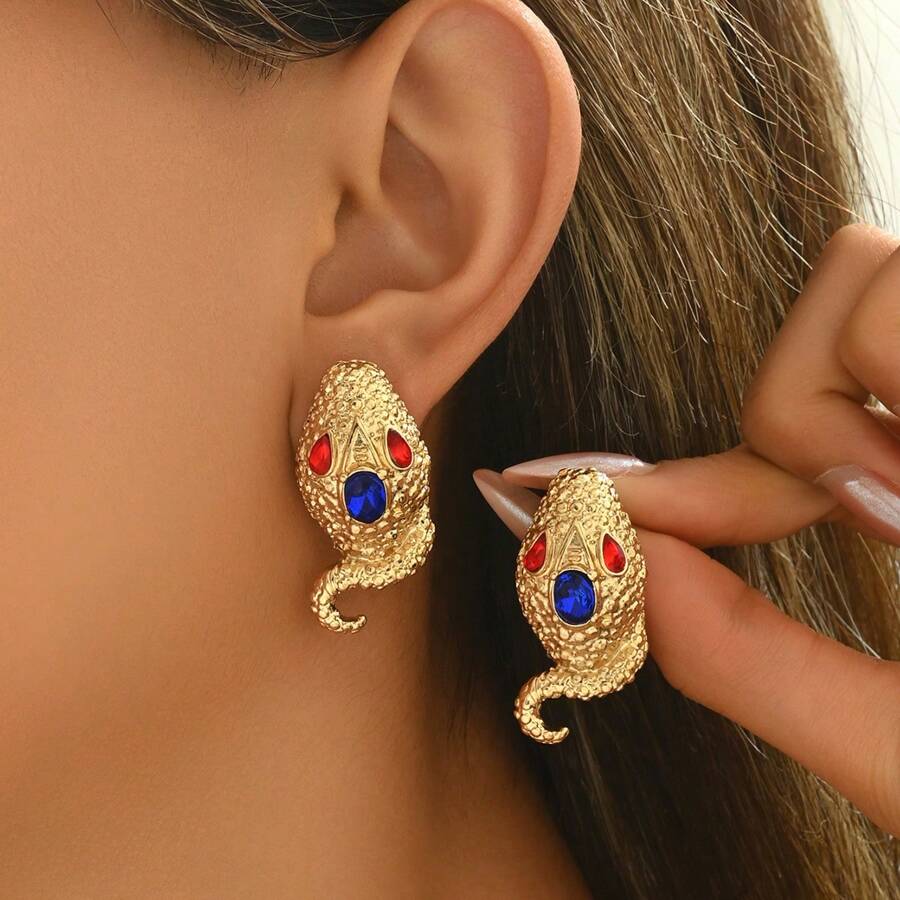 1 Pair Fashionable Exaggerated Bohemian Gothic Snake Shaped Rhinestone Earrings