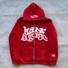 [Letter Print Zip Hoodie] Letter Print Zip Up Hoodie, Casual Long Sleeve Loose Sweatshirt With Pocket, Men Women's Clothing - 紅色 - 查看 1