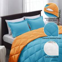 Queen Comforter Set, Red And Black Comforter Set Queen Size, Reversible Bed Comforter Queen Bed Set For All Seasons, 1 Comforter (88"X92") And 2 Pillow Shams (20"X26"+2") - 17 - Peacock Blue/Orange - View 4