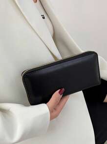 High Quality Women's Solid Color PU Leather Simple Fashionable Clutch Wallet For Gift Giving Wallet Purse Wallet Long Wallet,Wristlet Keychain - Black - View 3
