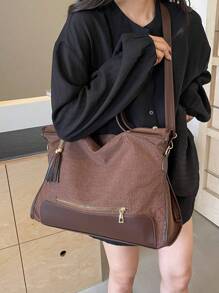 Minimalist Women Bicolor Tassel Zipper Decor Tote Bag - Coffee Brown - View 9