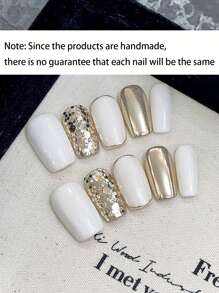 10 stuks handgemaakte korte vintage crème champagne gouden pailletten spiegel pailletten nagelsticker, witte persnagels