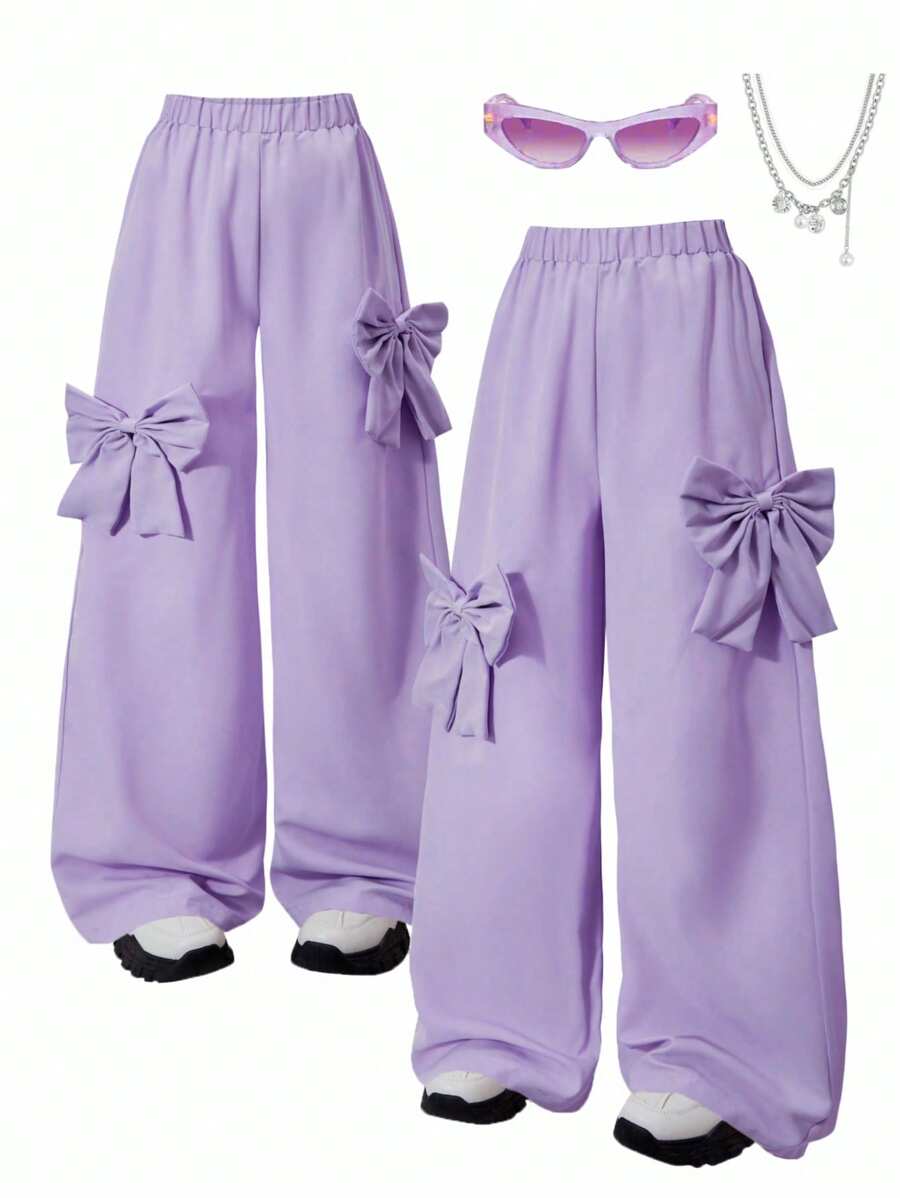 Estos pantalones anchos de color rosa dulce y elegantes, casuales y sencillos, decorados con un lazo, son adecuados para que las niñas los usen al aire libre, en fiestas, en el campus y en el uso diario en primavera y otoño. - Morado - Ver 1