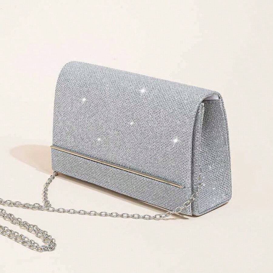 Shimmering Elegant Evening Clutch Bag, Chain Shoulder Bag, Ladies Square Purse For Ramadan