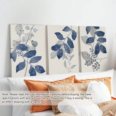 3幅蓝色花卉帆布海报，植物墙画，植物线条画，蓝色家居装饰，蓝色花卉，适合客厅、卧室装饰 - 植物礼物，生日、毕业、海岸风、海滩装饰