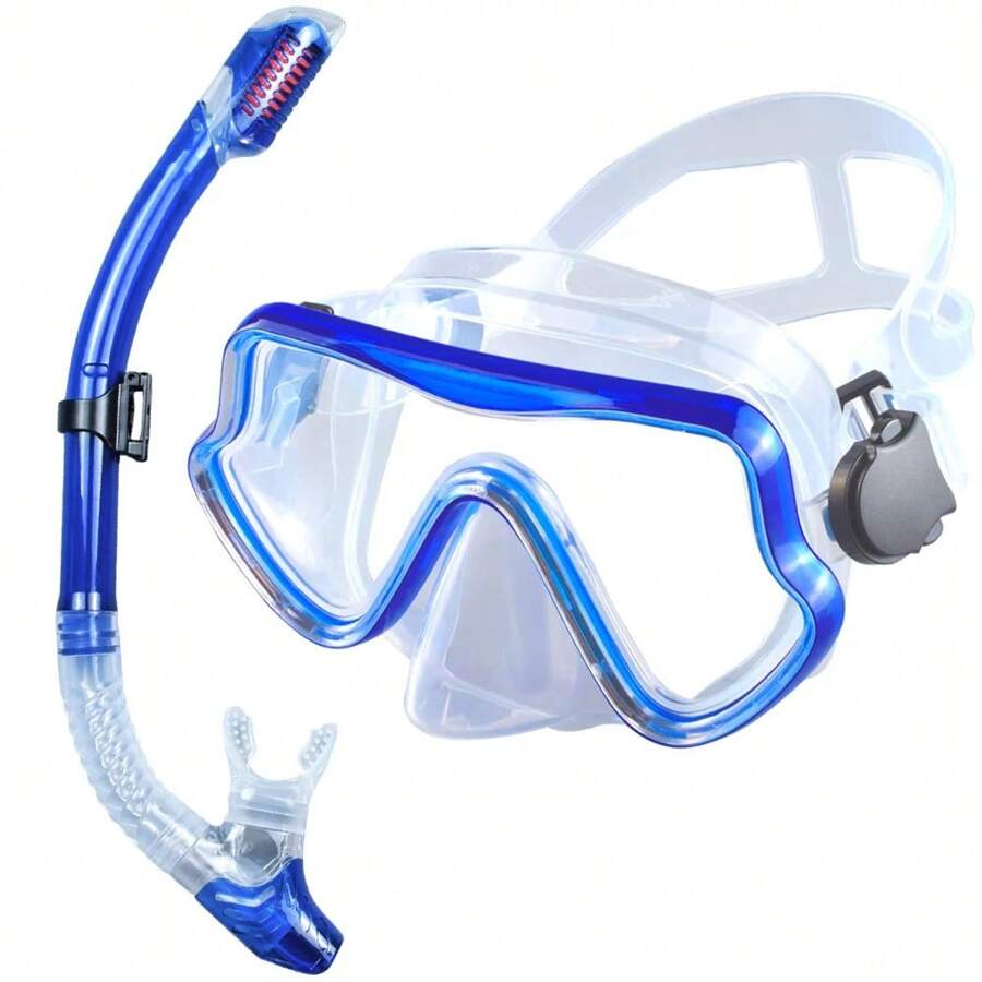 Scuba Diving Mask Snorkel Set For Adults Tempered Glass Professional Panoramic Snorkeling Gear Swimming Training Snorkel Kit - Blue - View 1
