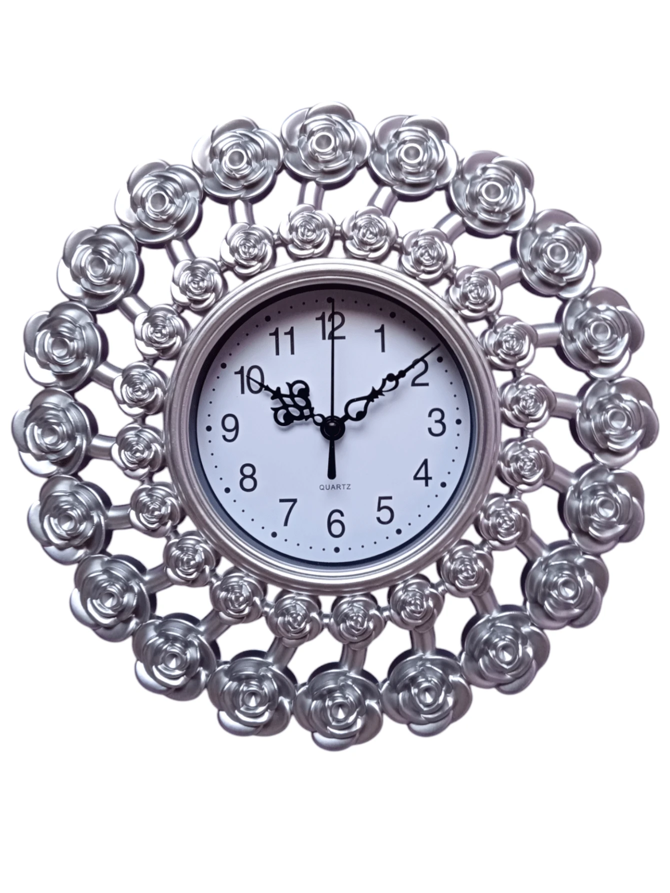 WALL CLOCK OR WALL SECOND HAND, SILENT WITH DETAIL OF ROSES, FLOWERS 25 CM DIAMETER - SILVER - View 1