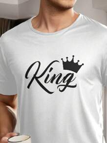 1 Set Men's Pajama Set Including 1 Plaid Long Pants And 1 White Short Sleeve T-Shirt With "King" Print