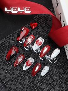 Transform Your Nails With 10pcs Almond Shape Japanese Style Red White Valentine's Day Heart Creative Full Coverage Fake Nail Set European Style Butterfly Sweet Love Funny Full Cover Acrylic False Nail Kit For Women And Girls Nordic With 1pc Mini Nail File & 1 Sheet Adhesive Tabs