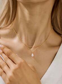 Stainless Steel Waterproof Non-Fading Gold Plated Double Layer Water Drop Pearl Necklace, Suitable For Daily Wear For Women - Gold - View 4