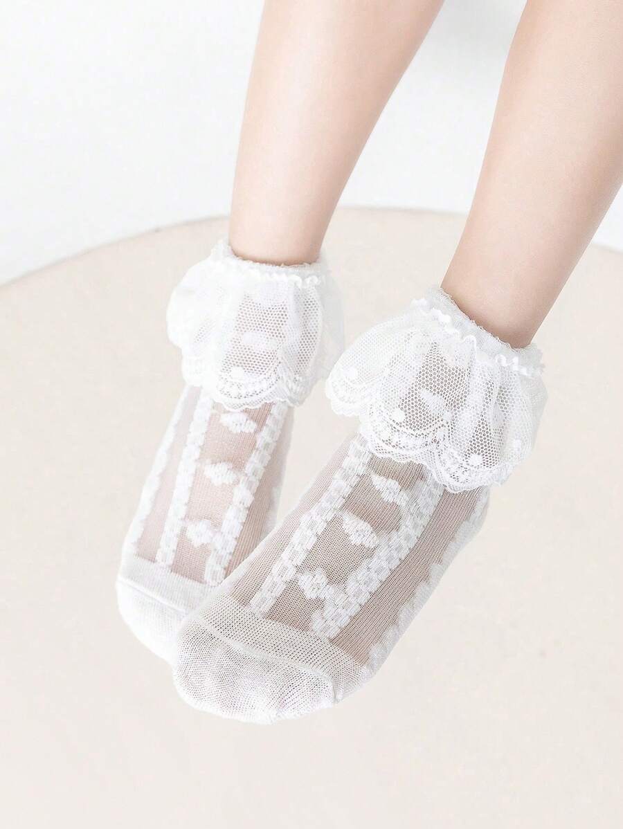 1 Pair Kid's Lace Trim Sheer Mid-Calf Socks - White - View 1