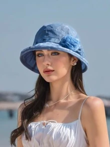 1pc Camellia Flower Casual Elegant Embellished Bucket Hat, Breathable Sun Protection For Spring, Summer & Autumn - Multicolor - View 3