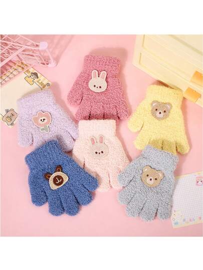 Animal Print Gloves, Winter Warm Thickened Five Finger Gloves, Suitable For 1-3 Years Old Boys And Girls